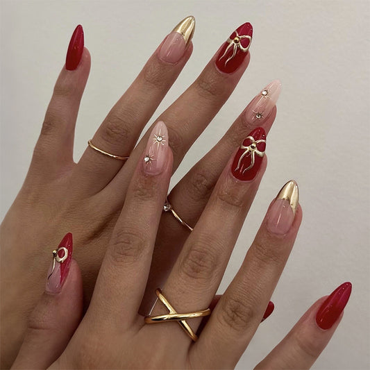 Elegant Romance Medium Almond Red and Beige Press On Nail Set Featuring Charming Gold Accents