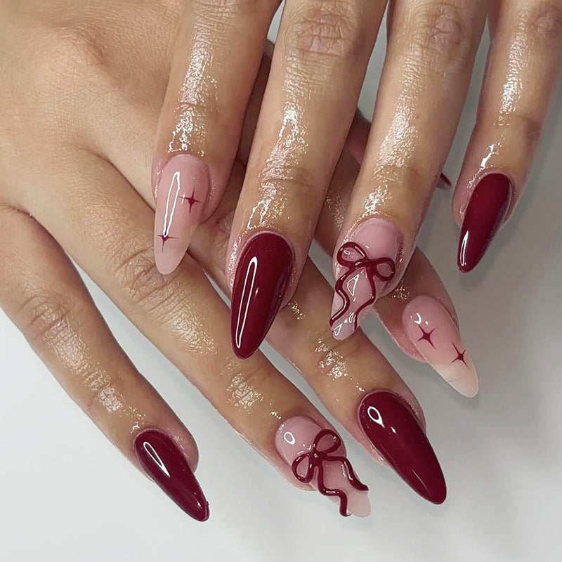 Charming Elegance Long Almond Red and Pink Press-On Nail Set with Decorative Ribbon Accents