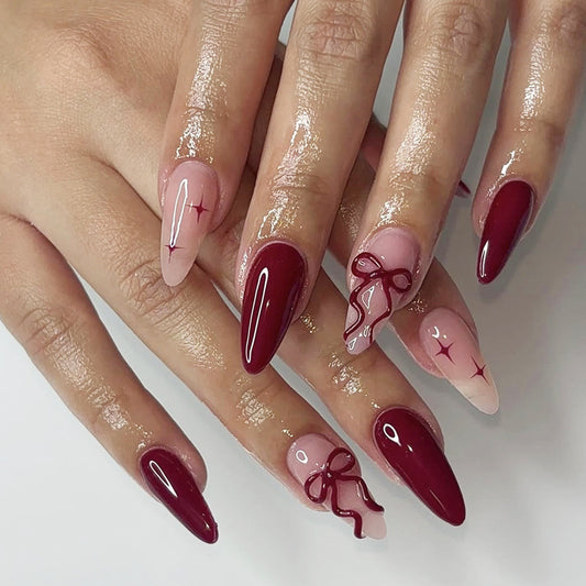 Charming Elegance Long Almond Red and Pink Press-On Nail Set with Decorative Ribbon Accents