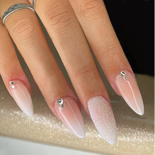 Enchanting Elegance Long Almond Shape Soft Pink with Dazzling Rhinestone Accents Press On Nail Set