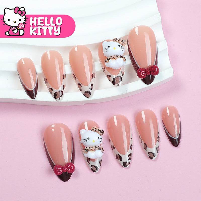Hello Kitty Inspired Elegant Medium Almond Beige With Chic Leopard Tips And Adorable Character Accent Press On Nail Set