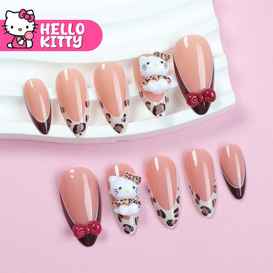 Hello Kitty Inspired Elegant Medium Almond Beige With Chic Leopard Tips And Adorable Character Accent Press On Nail Set