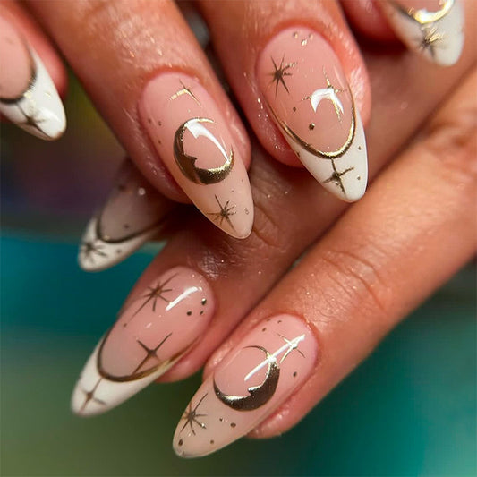 Celestial Elegance Medium Almond Beige and White with Gold Moon and Star Accents Press-On Nail Set