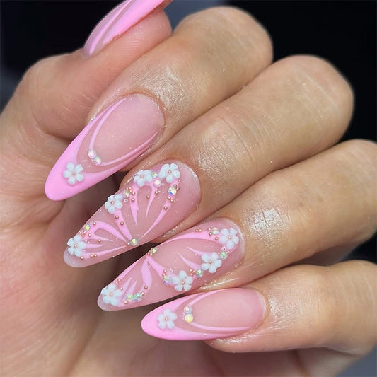 Blossom Garden Long Almond Pink Press On Nail Set with Delicate Floral Design