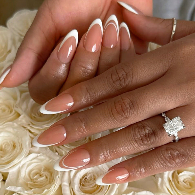 Elegant Garden Inspired Medium Almond Shaped Soft Pink and White French Tips with Glossy Finish Press On Nail Set