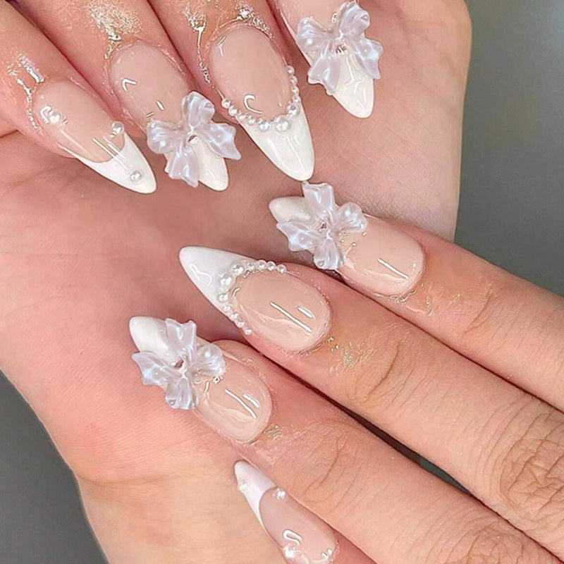 Whimsical Elegance Long Almond White and Clear Nail Set with Charming Bow Accents