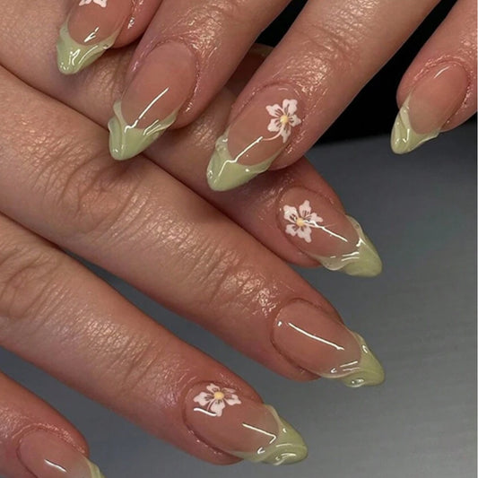 Whimsical Garden Short Almond Green Ombre Design with Floral Accents Press On Nail Set