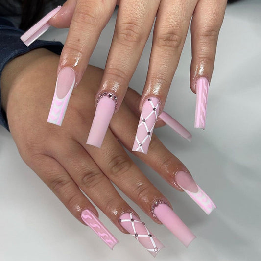 Enchanted Elegance Long Coffin Pastel Pink Press On Nail Set with Rhinestone Accents and Marble Design