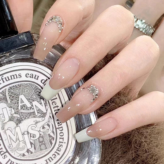 Elegant Affair Long Coffin-Shaped French Tip Press On Nail Set with Sparkling Accent Design in Neutral Tones