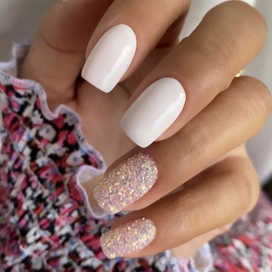 Glamorous Garden Square Medium White and Glittered Press On Nail Set for a Dazzling Look
