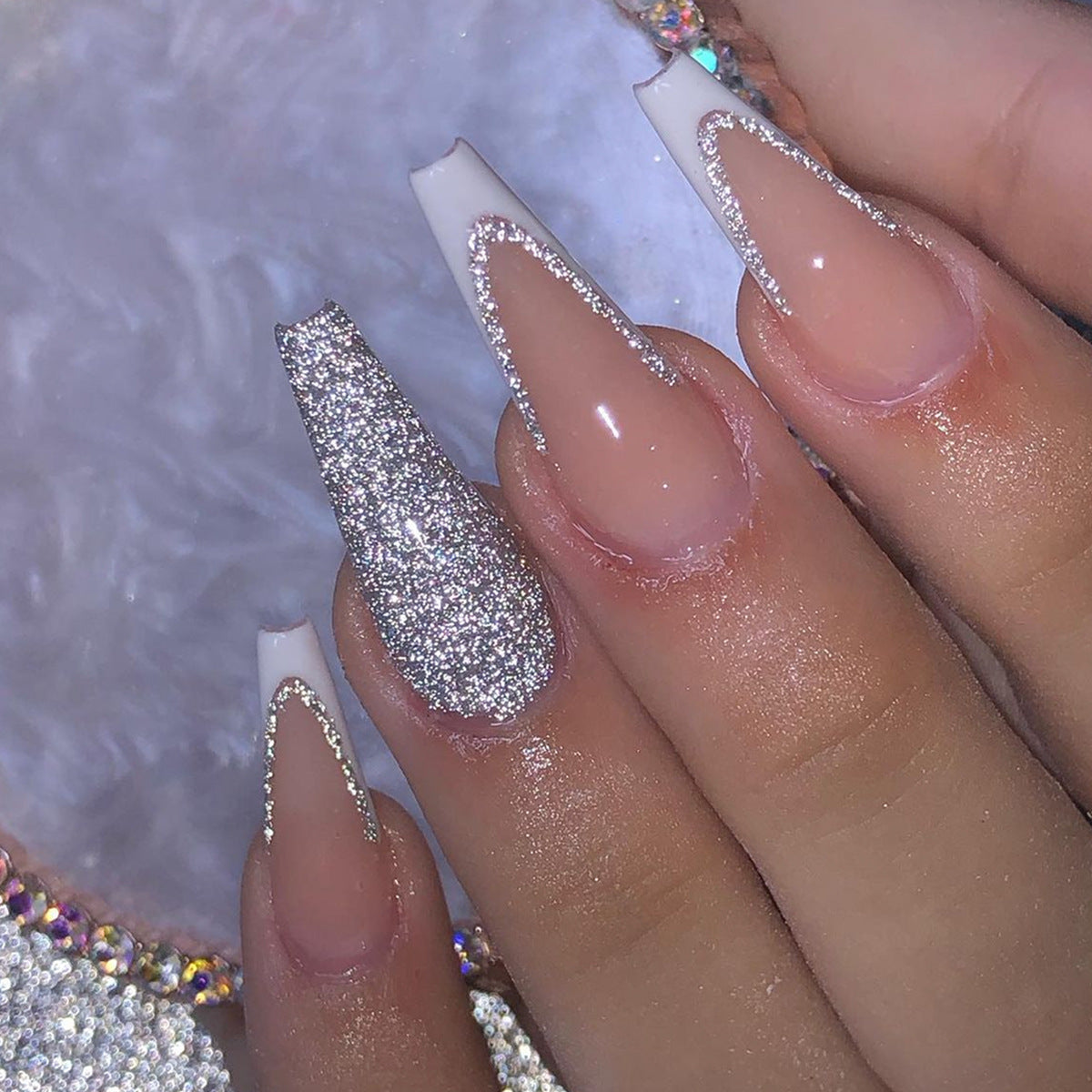 Glittering Gala Long Coffin Pink Press On Nail Set with Sparkling Accent Nail