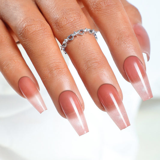 Elegant Ombre Coffin Long Pink Press On Nails with Glitter Gradient Detail