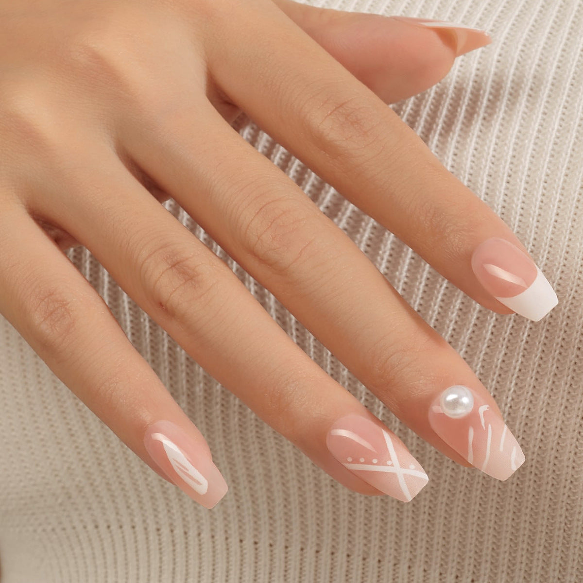 Elegant Bridal Long Coffin French Tip Press On Nail Set with Pearl Accents Pink and White