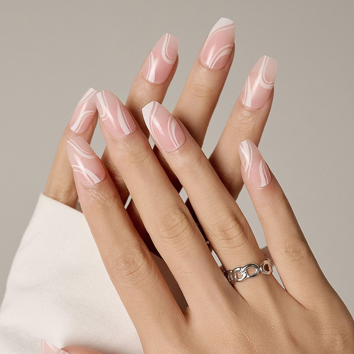 Elegant Swirls Long Coffin Pink Marble Press On Nail Set with Adhesive Tabs Included