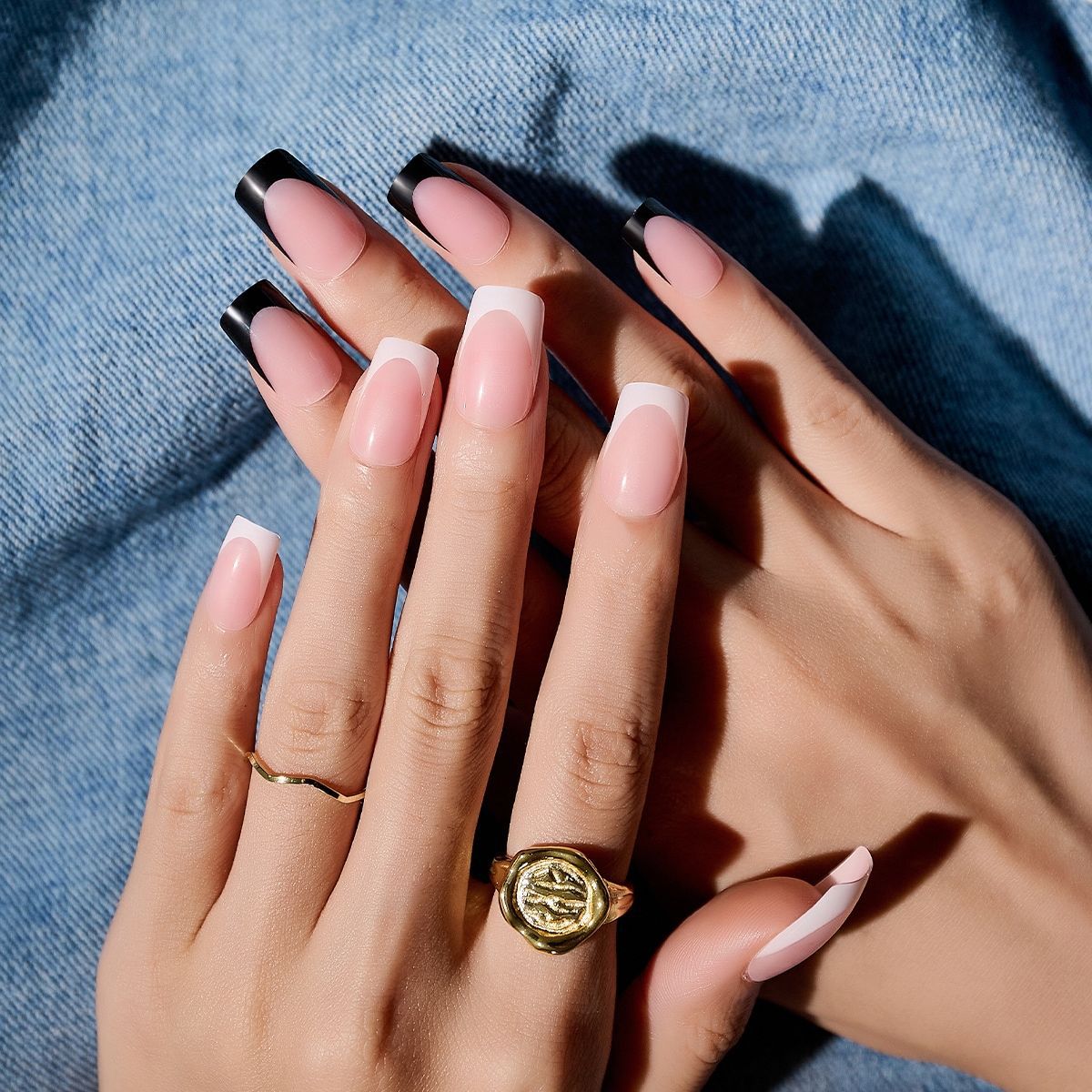 Chic Elegance Long Square Shape Pink and White Press On Nail Set with Bold Black Tips