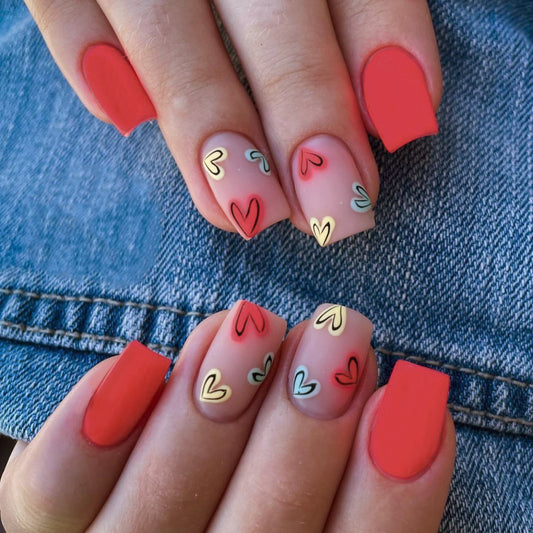 Love Hearts Vibrant Medium Square Red and Pink Heart Design Press On Nail Set