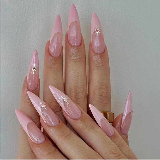 Dreamy Elegance Long Stiletto Pink Press On Nails with Sparkling Accent Stars