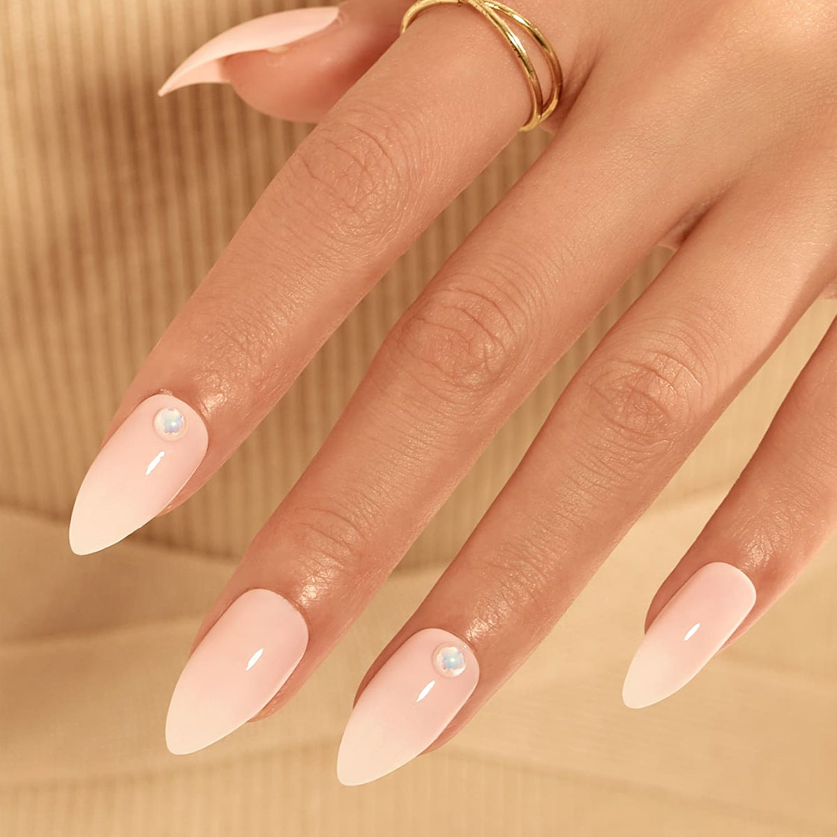 Elegant Bridal Collection Long Almond Pale Pink Press On Nails with Iridescent Accent Gem