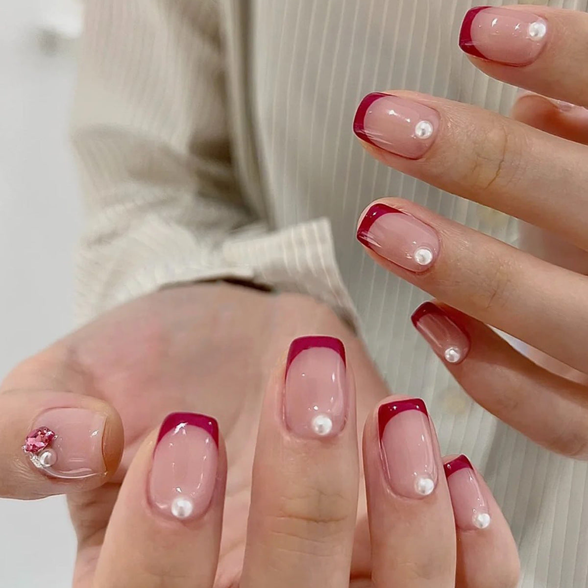 Elegant Bridal Short Square Burgundy French Tip Press On Nail Set with Pearl Accents