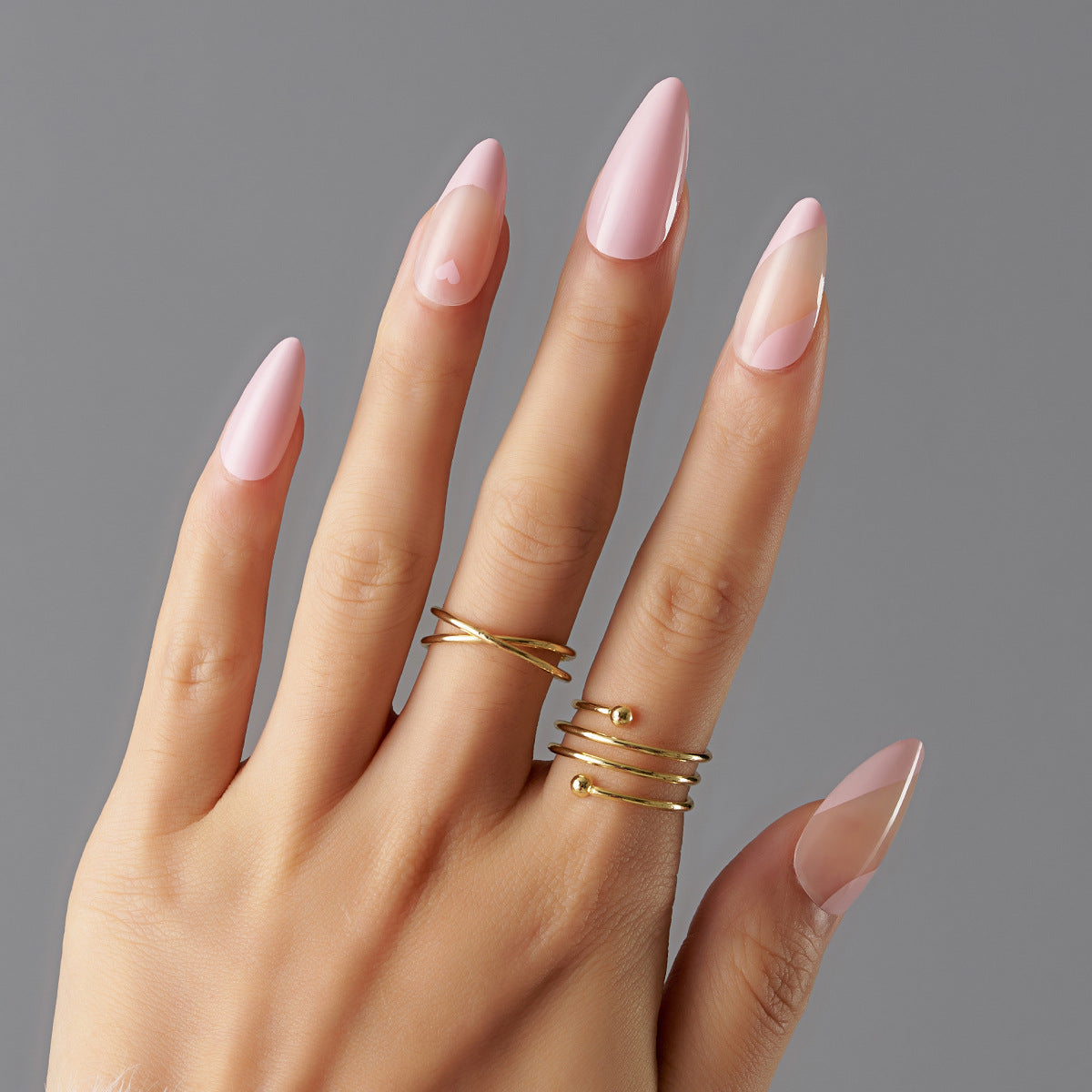 Glamorous Romance Long Almond Pink Press On Nail Set with Elegant Clear Accent Tips