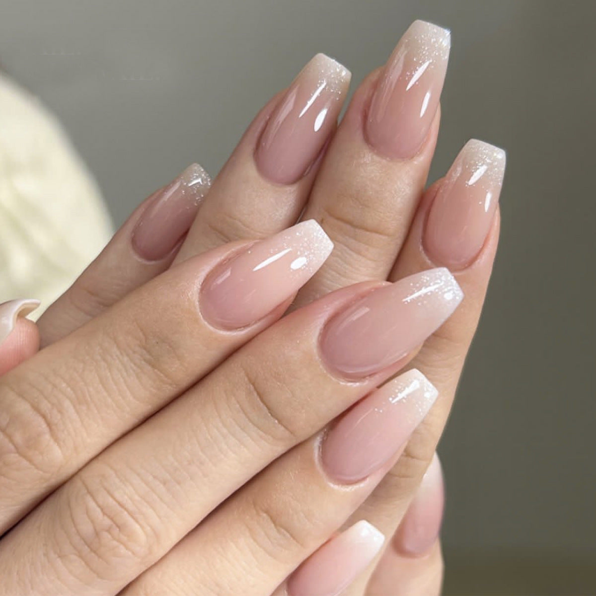 Glamorous Sunset Long Coffin Beige Ombre Press On Nail Set with Sparkling French Tips