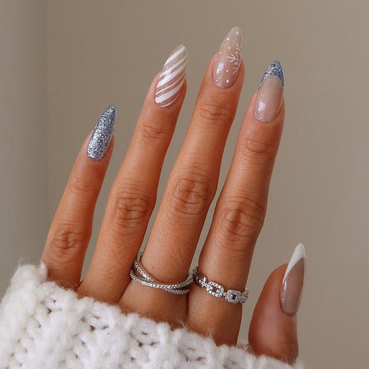 Winter Wonderland Sharp Medium Almond Glitter Press On Nails with Striped and Frosted Effects