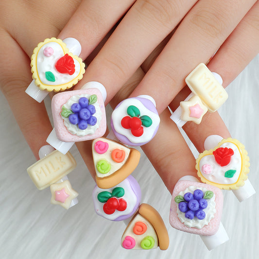 Dessert Delight Long Square White Color Press On Nail Set with Whimsical 3D Food Decorations