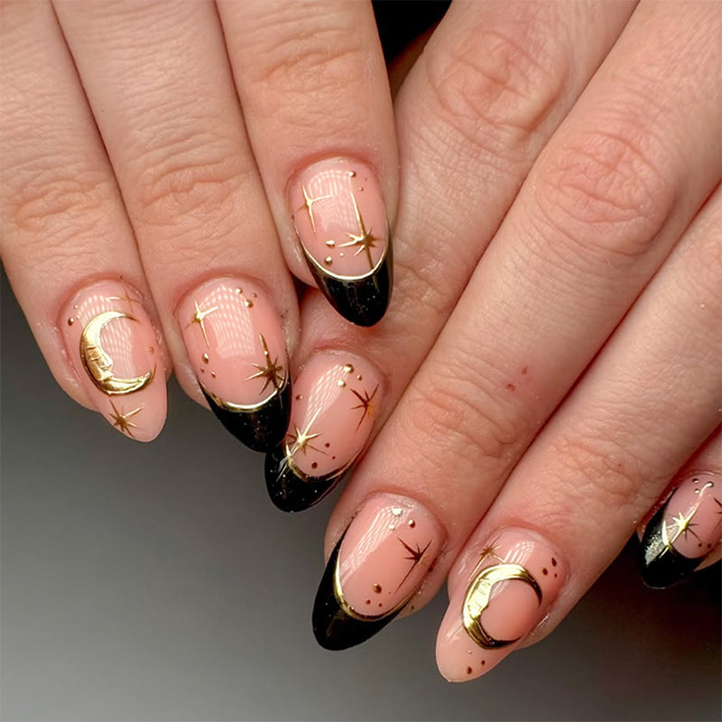 Celestial Elegance Short Almond Shaped Black and Beige Starlit Press On Nail Set with Gold Accents