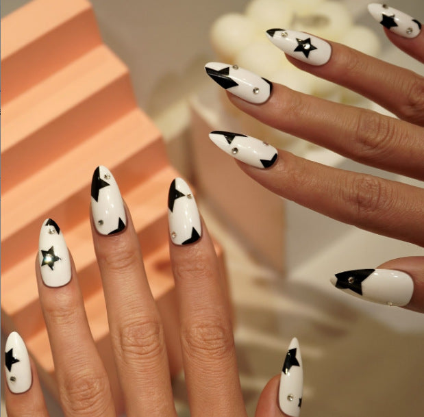 Celestial Glam Press On Nail Set Long Almond Shape Glossy White with Black Stars and Sparkling Gems