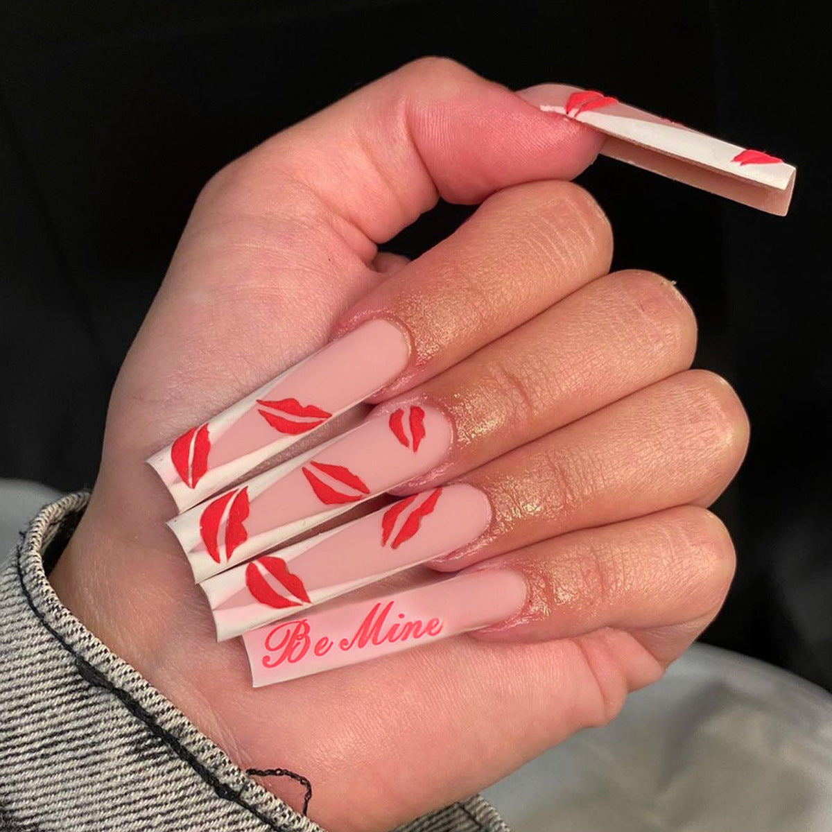 Love's Kiss Extra Long Square Pink Press On Nail Set with Red Lip Accents - Romantic Glamour Look