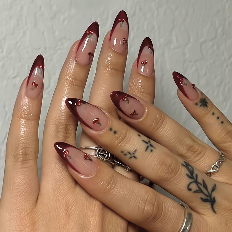 Cherry Blossom Elegance Long Almond Burgundy with Gem Accent Press On Nail Set