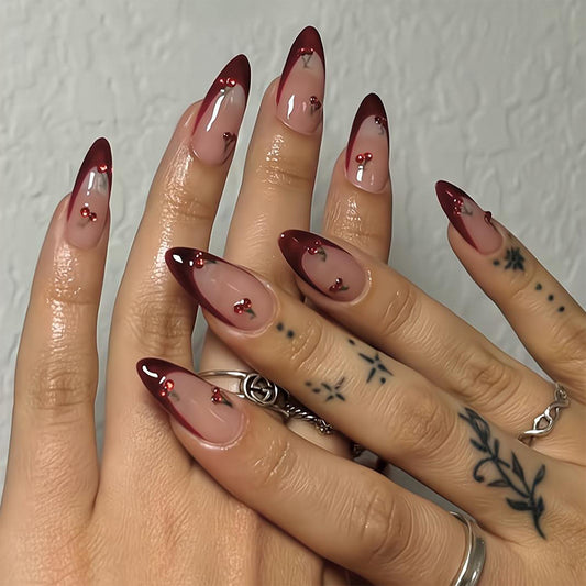 Cherry Blossom Elegance Long Almond Burgundy with Gem Accent Press On Nail Set