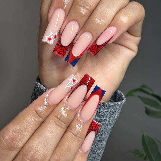 Spiderweb Adventure Long Square Red Blue And Clear Press On Nail Set With Unique Web Design