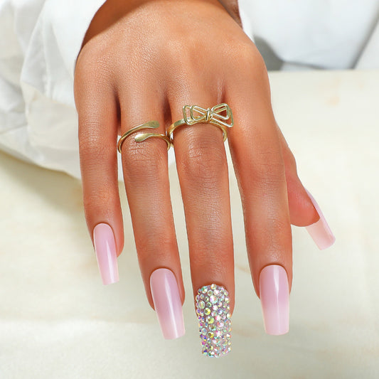 Enchanted Elegance Long Square Pink Press On Nail Set with Rhinestone Accent