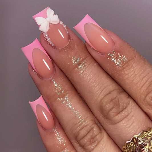 Spring Blossom Long Square Shape Pink Glitter Accent Press On Nail Set