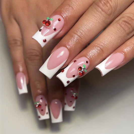 Cherry Blossom Glam Long Square Pink and White Press On Nail Set with Gemstone Accents