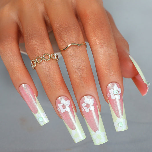 Spring Blossom Collection Long Square Pink and Green Floral Press On Nail Set with Shimmer Finish