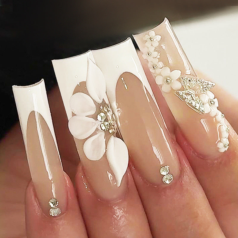 Elegant Blossom Press On Nail Set Long Square Beige with Floral Accents and Rhinestones