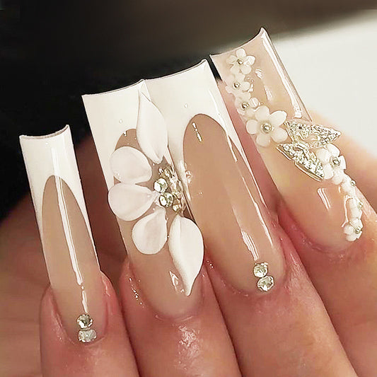 Elegant Blossom Press On Nail Set Long Square Beige with Floral Accents and Rhinestones