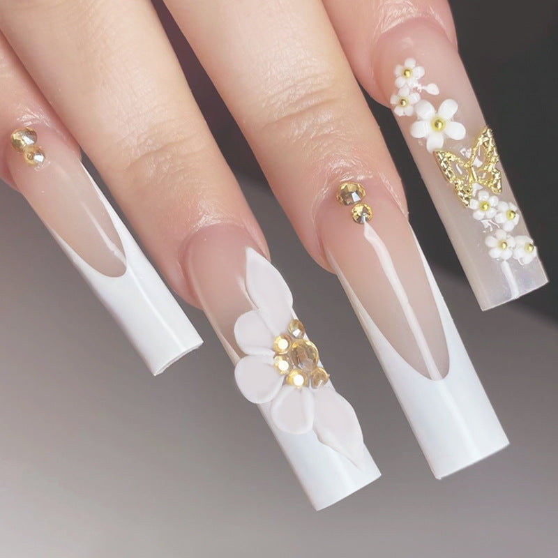 Floral Elegance Extra-Long Coffin White Press-On Nails with 3D Flower Accents and Rhinestone Embellishments
