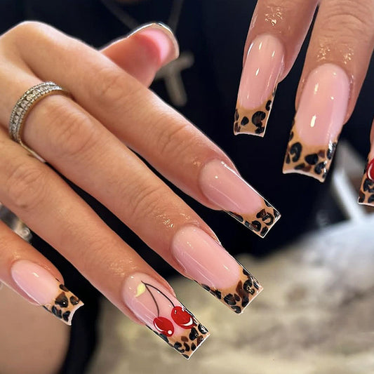 Safari Chic Extra Long Coffin Beige Press On Nail Set with Leopard Print Accents and Cherry Design