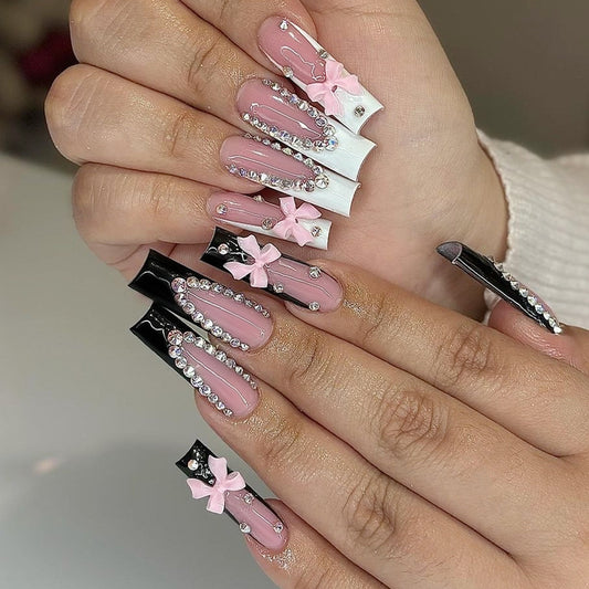Chic Bowtie Elegance Long Square Pink and Black Press On Nail Set with Rhinestone and Bow Accents