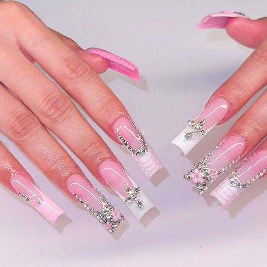 Glamorous Dreamy Lengthy Square Press On Long Nail Set in Pink with Elegant Rhinestone Accents