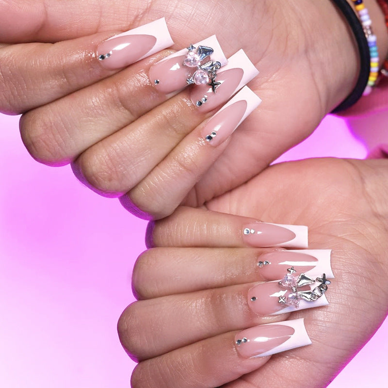 Glamorous Dreamy Long Square Pink with Shimmering Gemstone Accents Press On Nail Set