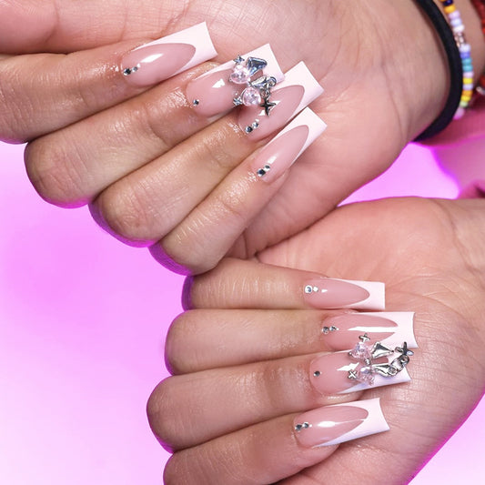 Glamorous Dreamy Long Square Pink with Shimmering Gemstone Accents Press On Nail Set