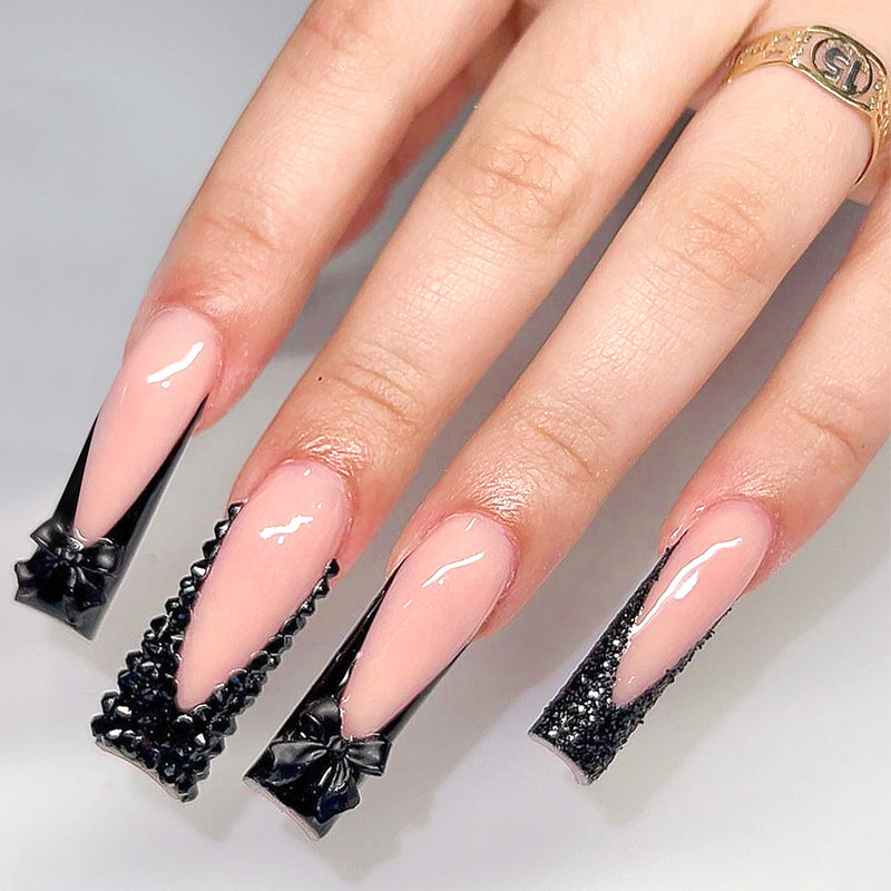 Elegant Gothic Long Square Press On Nail Set in Black and Pink with Decorative Bows and Rhinestones