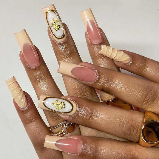 Whimsical Elegance Long Square Beige and Pink Press On Nail Set with Unique Gold Floral Accent