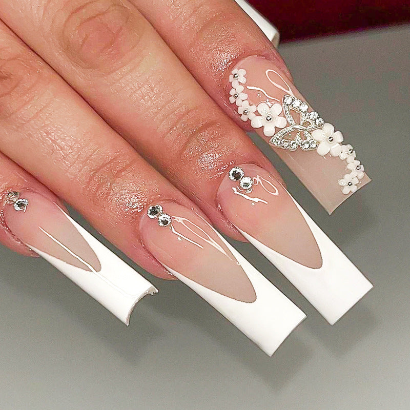 Enchanted Elegance Extra Long Square White Press on Nails With Rhinestone Accents & Floral Art Design