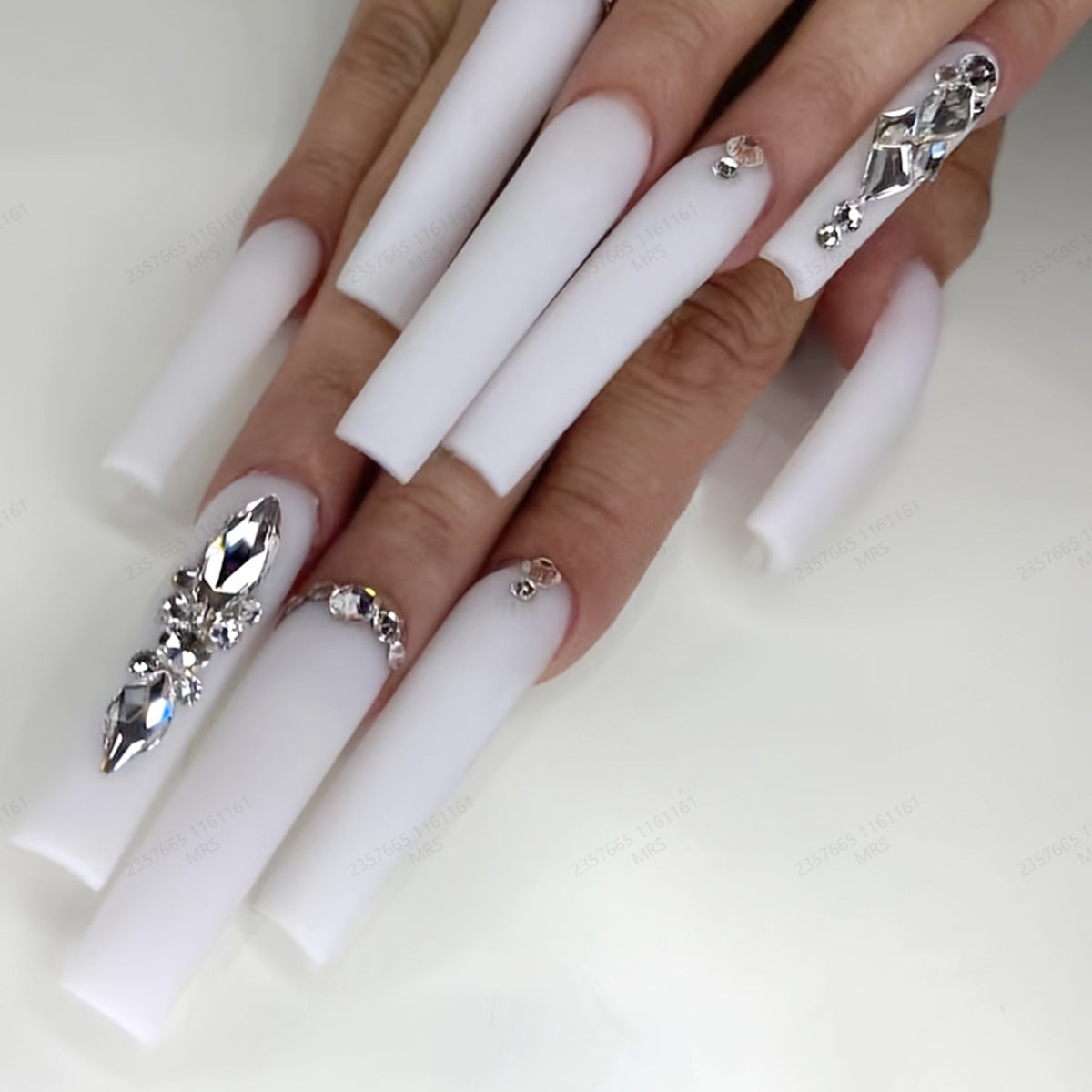 Glamorous Winter Wonderland Extra Long Square White Press On Nail Set with Sparkling Rhinestone Accents