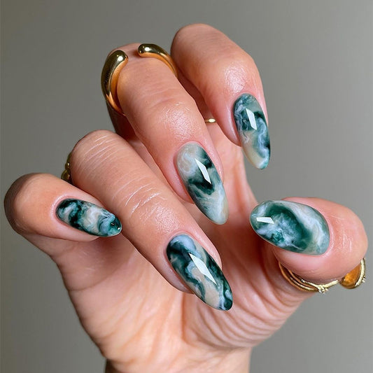 Ocean Elegance Long Almond Green Marbled Press-On Nail Set with Glossy Finish